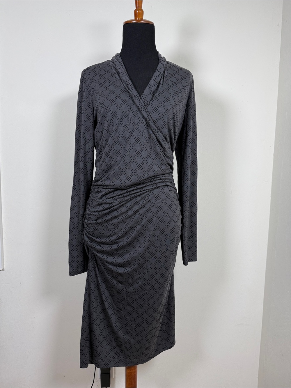 BODEN Gray Black Polkadot Long-Sleeve Faux Wrap Dress 8R - Picture 2 of 6